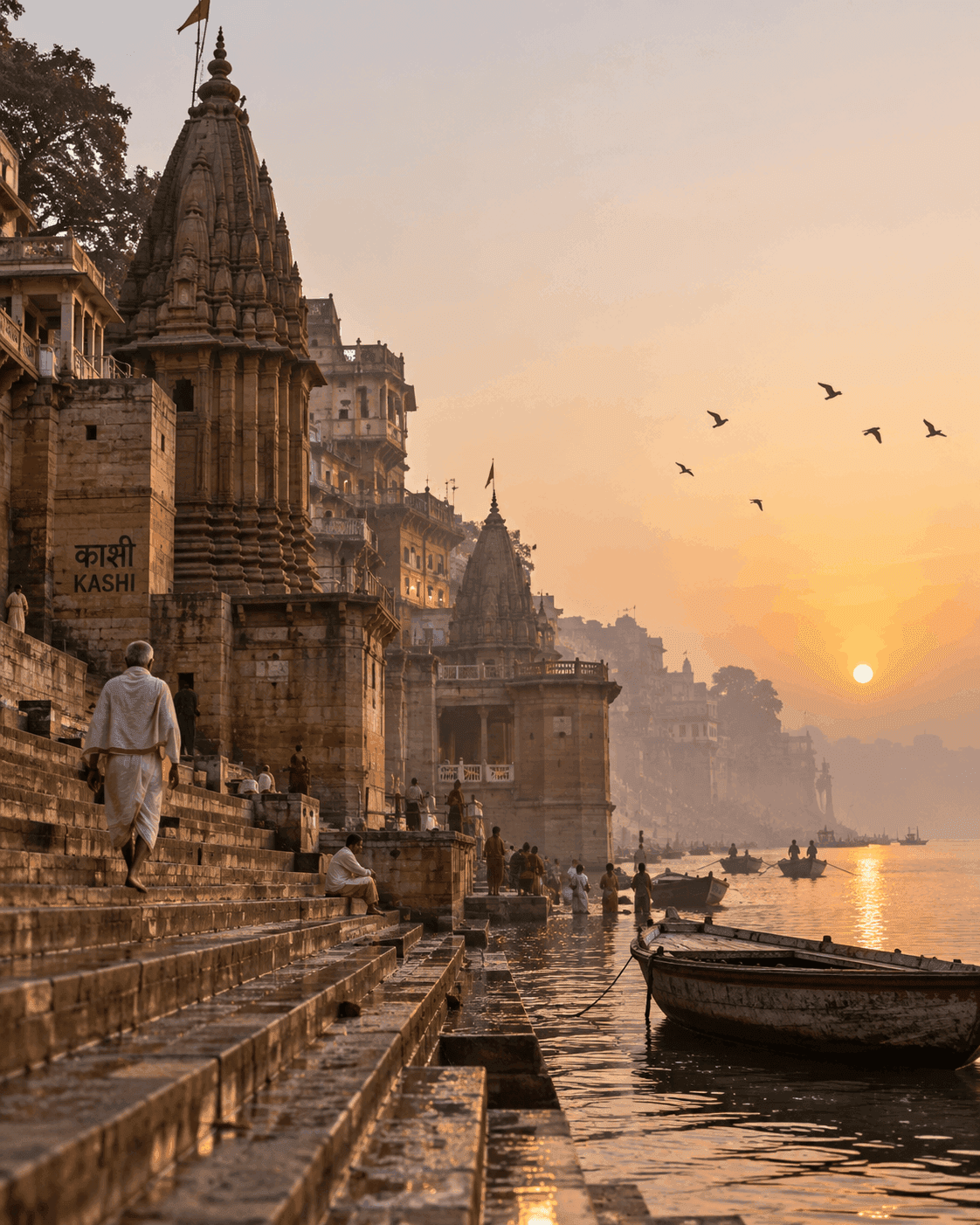 The ghats of Kashi along the Ganga at sunrise